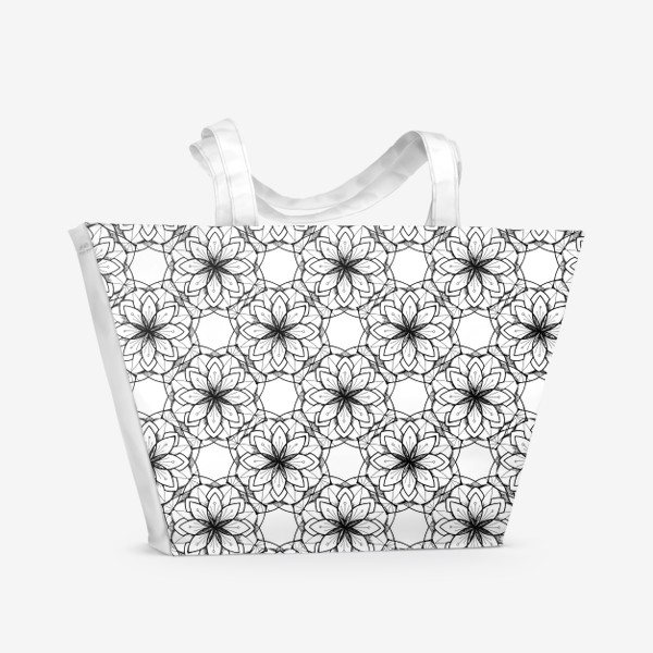 Пляжная сумка «паттерн из стилизованных цветов графика мандалы черно белый узор»