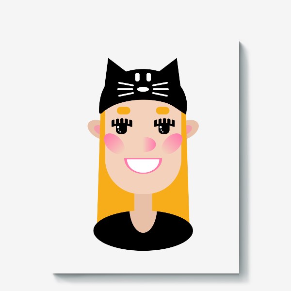 Холст «Мультяшная девочка в шапке с ушками кота, портрет блондинки в плоском стиле»