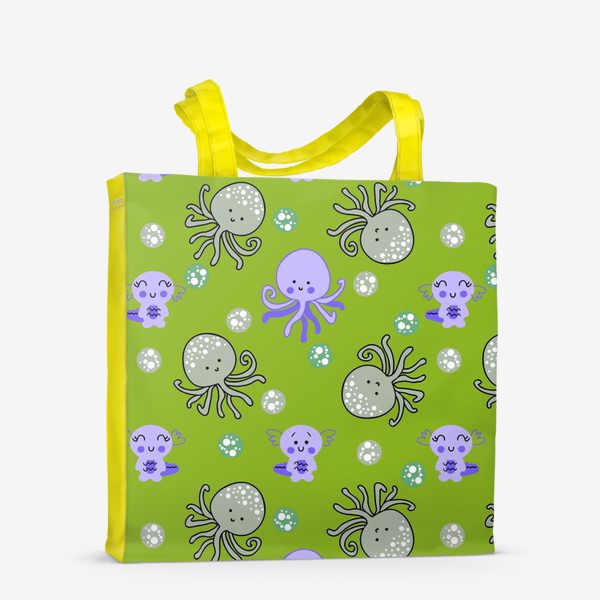 Сумка-шоппер «Аксолотли и осьминоги на зеленом»