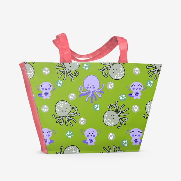 Пляжная сумка «Аксолотли и осьминоги на зеленом»