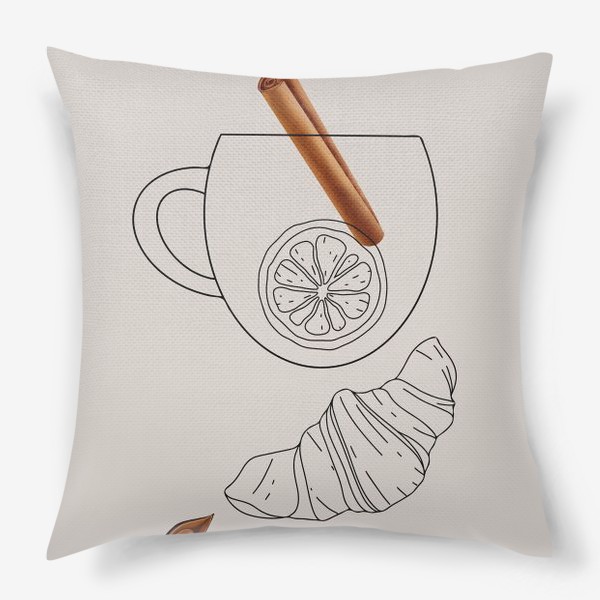 Подушка &laquo;Уютная чашка, какао с корицей, пряностями и круасаном, чай с лимоном&raquo;