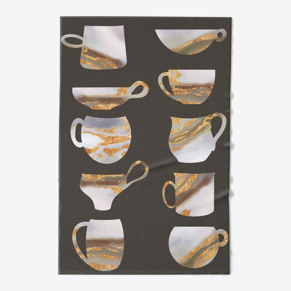 Полотенце «Золотые чашки на коричневом фоне, картина для кухни, кафе, минимализм»