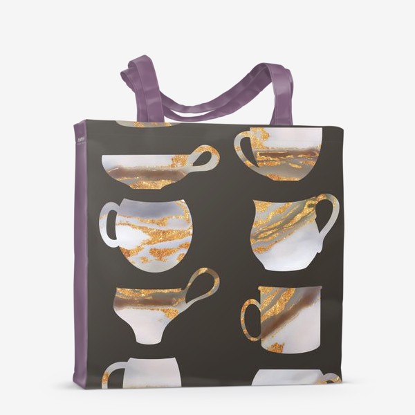 Сумка-шоппер «Золотые чашки на коричневом фоне, картина для кухни, кафе, минимализм»