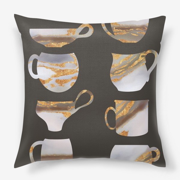 Подушка «Золотые чашки на коричневом фоне, картина для кухни, кафе, минимализм»