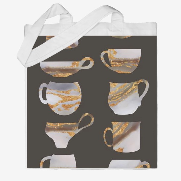 Сумка хб «Золотые чашки на коричневом фоне, картина для кухни, кафе, минимализм»