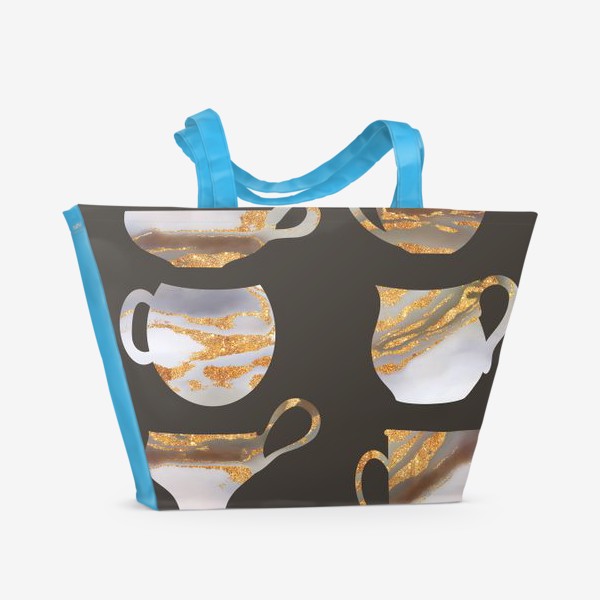 Пляжная сумка &laquo;Золотые чашки на коричневом фоне, картина для кухни, кафе, минимализм&raquo;