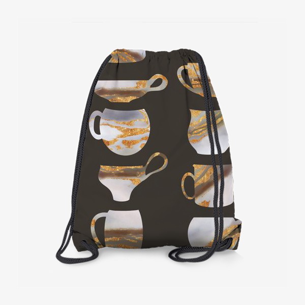 Рюкзак «Золотые чашки на коричневом фоне, картина для кухни, кафе, минимализм»