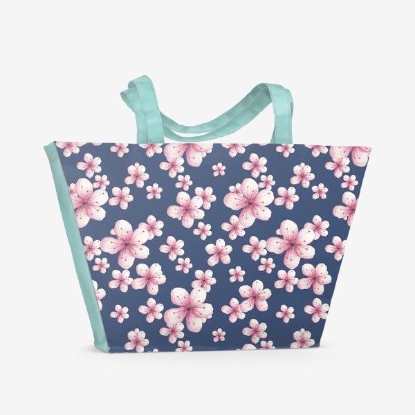 Пляжная сумка «Цветы вишни на темно-синем фоне»