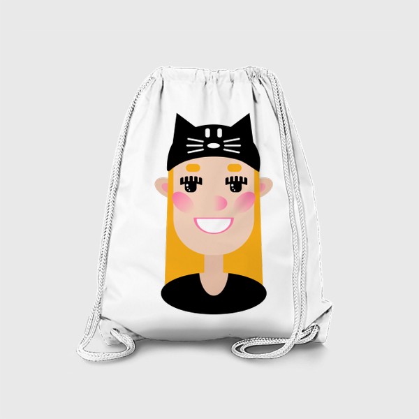 Рюкзак «Мультяшная девочка в шапке с ушками кота, портрет блондинки в плоском стиле»