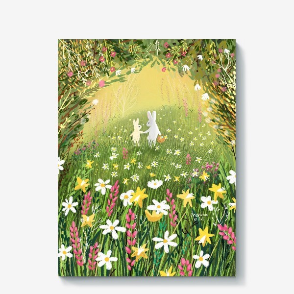 Холст «Весна, кролик, цветы и Пасха»