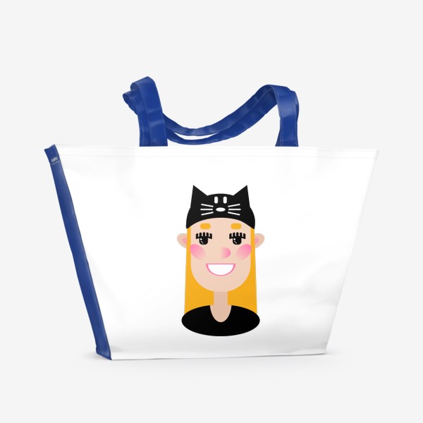 Пляжная сумка «Мультяшная девочка в шапке с ушками кота, портрет блондинки в плоском стиле»