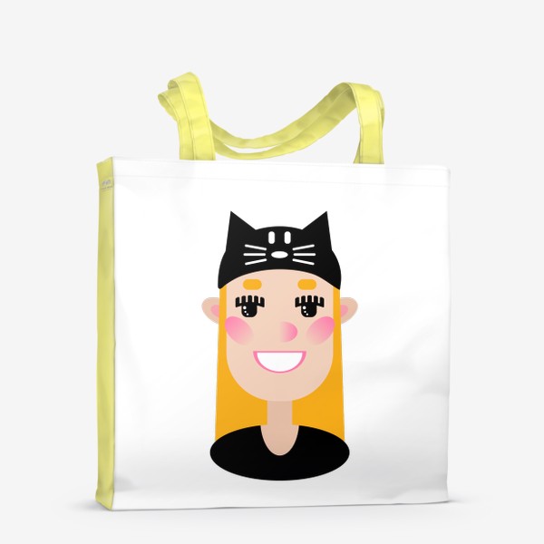 Сумка-шоппер «Мультяшная девочка в шапке с ушками кота, портрет блондинки в плоском стиле»