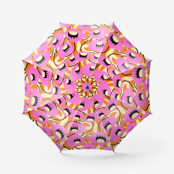 Зонт «Розовые цветы на оранжевом фоне с чёрными деталями. Абстракция»