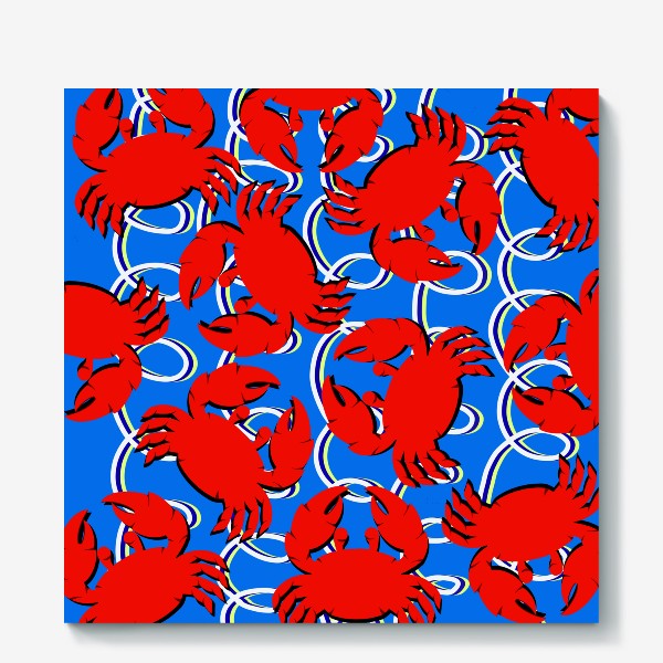 Холст «Морской узор на синем фоне с красными крабами и корабельными веревками»