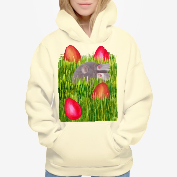 Худи «Пасхальный кролик прячит пасхальные яйца в траве»