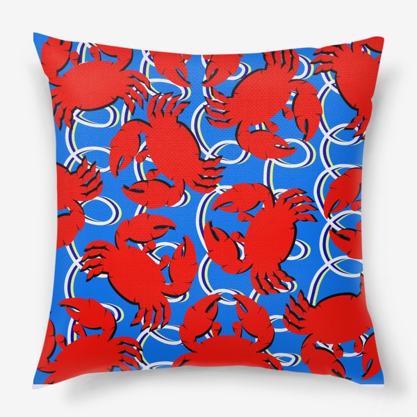 Подушка «Морской узор на синем фоне с красными крабами и корабельными веревками»