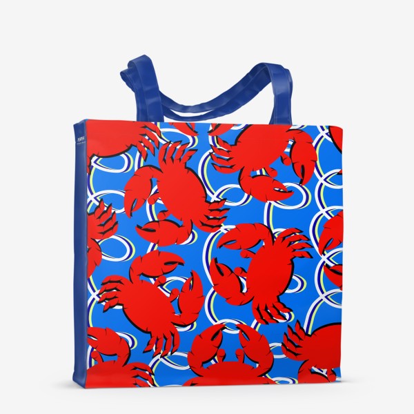 Сумка-шоппер «Морской узор на синем фоне с красными крабами и корабельными веревками»