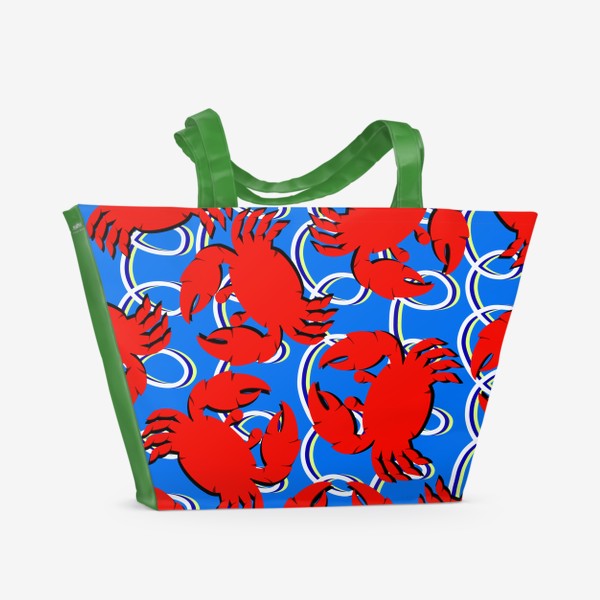 Пляжная сумка «Морской узор на синем фоне с красными крабами и корабельными веревками»