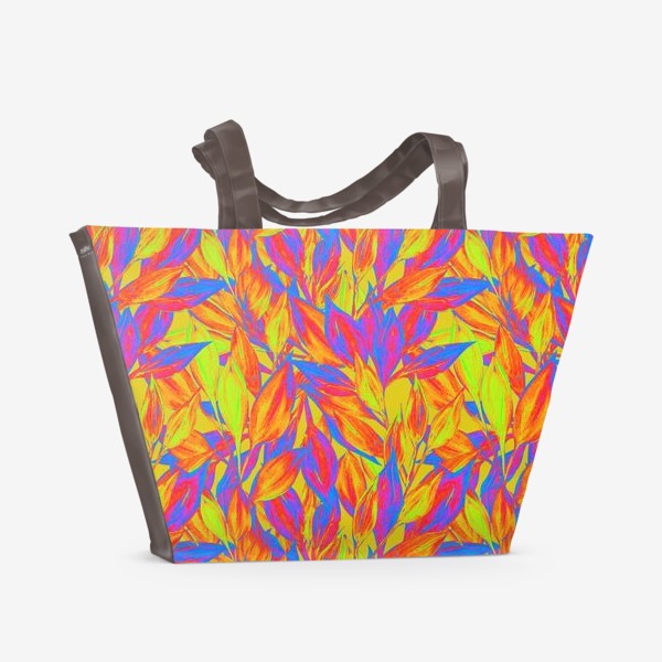 Пляжная сумка «Яркие неоновые листья нарисованные гуашью от руки. Насыщенный стильный паттерн с текстурой гуаши»