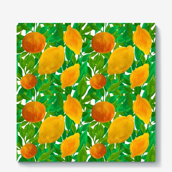 Холст «Лимоны и персики на зеленой листве нарисованные гуашью»
