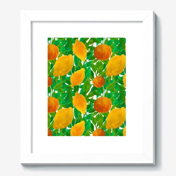 Картина «Лимоны и персики на зеленой листве нарисованные гуашью»
