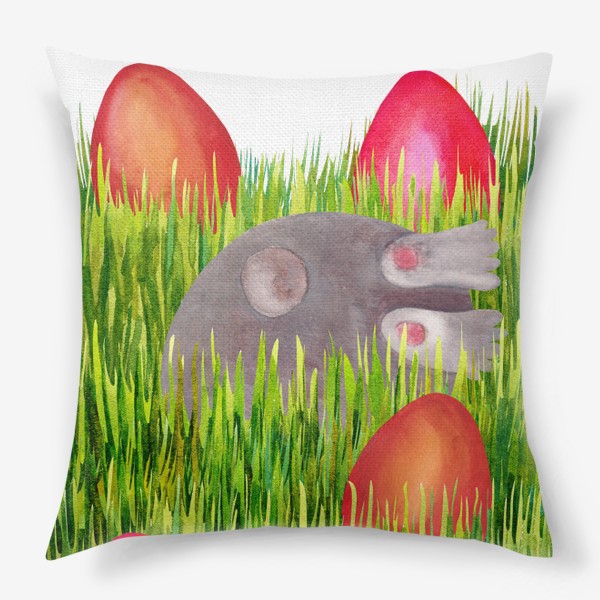 Подушка &laquo;Пасхальный кролик прячит пасхальные яйца в траве&raquo;