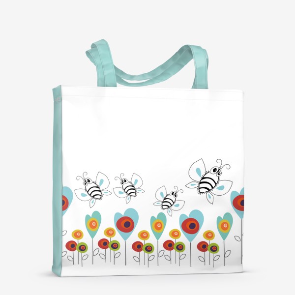 Сумка-шоппер «Пчёлы над цветами. Летний принт с пчёлами.»