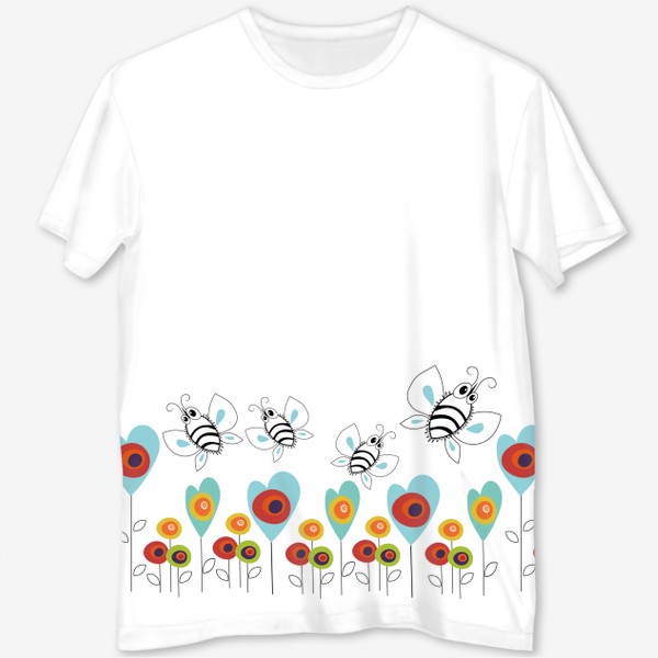 Футболка с полной запечаткой «Пчёлы над цветами. Летний принт с пчёлами.»