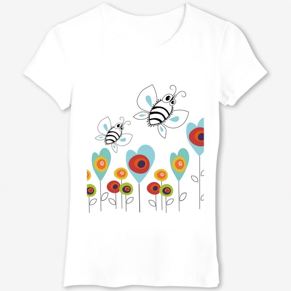 Футболка «Пчёлы над цветами. Летний принт с пчёлами.»