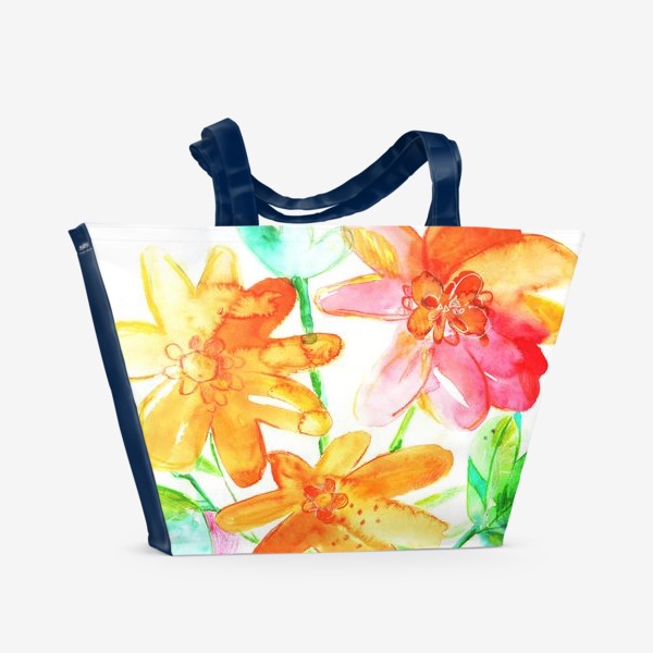 Пляжная сумка «Акварельные цветы, скетч, акварельный скетч»