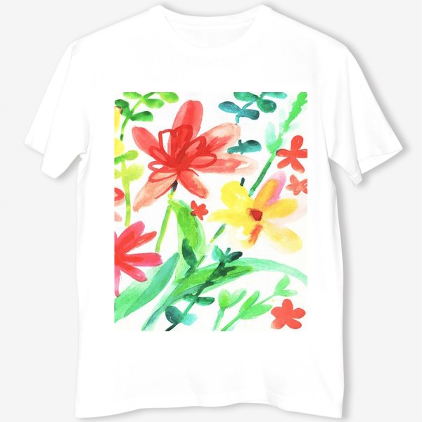 Футболка &laquo;Летний луг, цветы, акварель. Акварельные яркие цветы, акварельная живопись цветы,живопись акварелью полевые цветы&raquo;