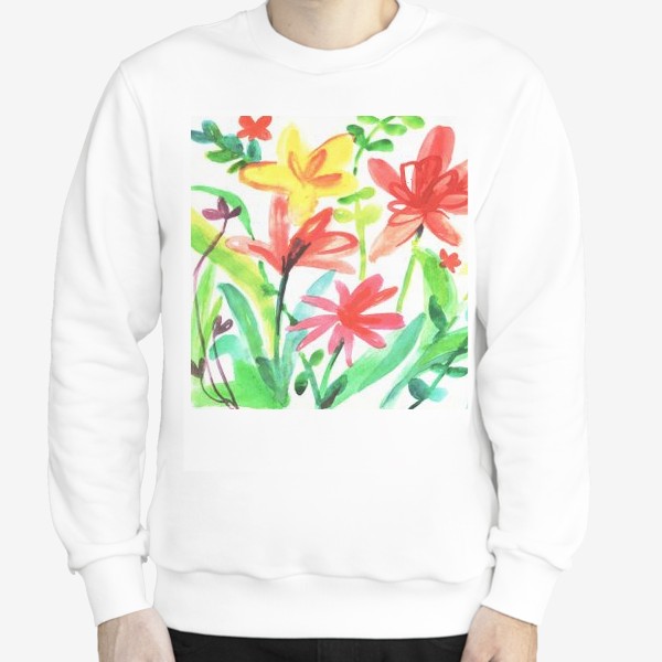 Свитшот «Летний луг, цветы, акварель. Акварельные яркие цветы, акварельная живопись цветы,живопись акварелью полевые цветы»