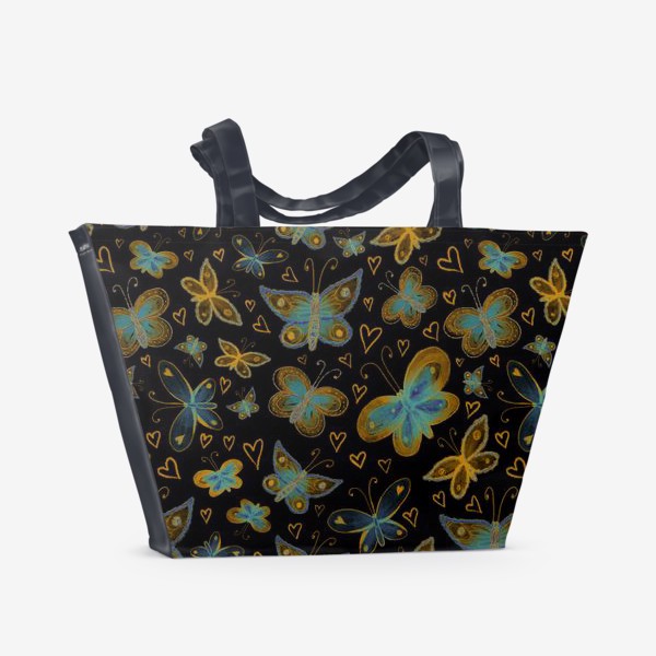 Пляжная сумка «Роскошные голубые и желтые бабочки на черном фоне»