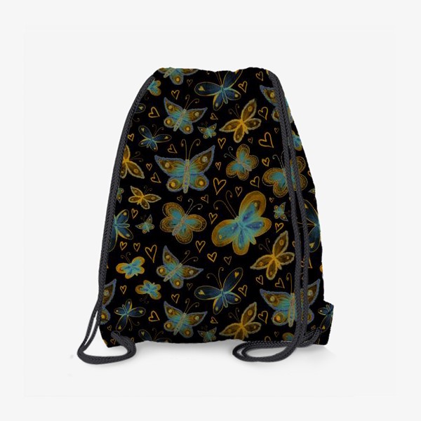 Рюкзак «Роскошные голубые и желтые бабочки на черном фоне»