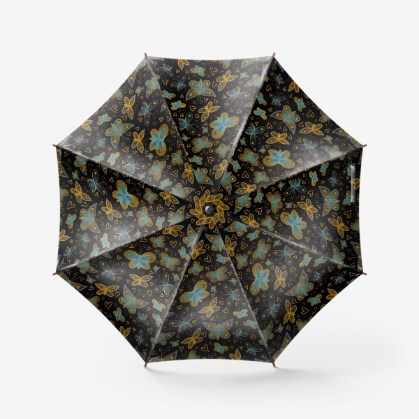 Зонт «Роскошные голубые и желтые бабочки на черном фоне»