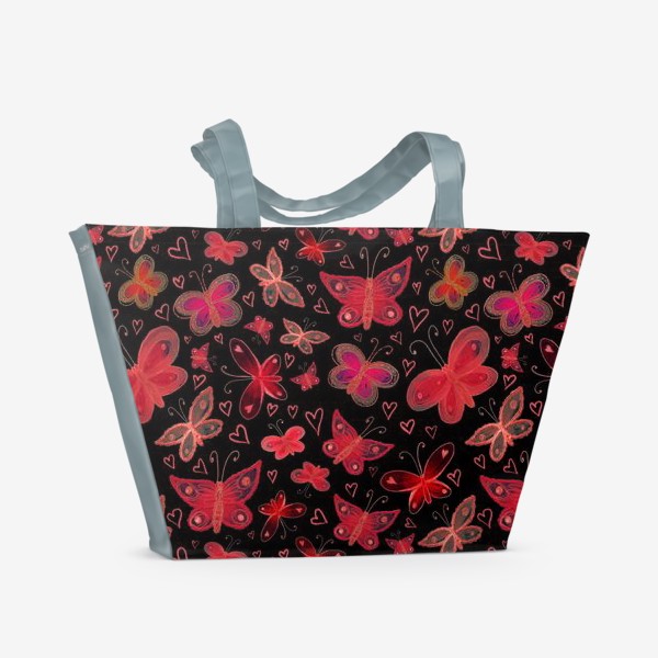 Пляжная сумка «Красные сказочные бабочки на черном фоне»
