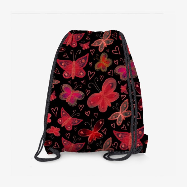 Рюкзак «Красные сказочные бабочки на черном фоне»