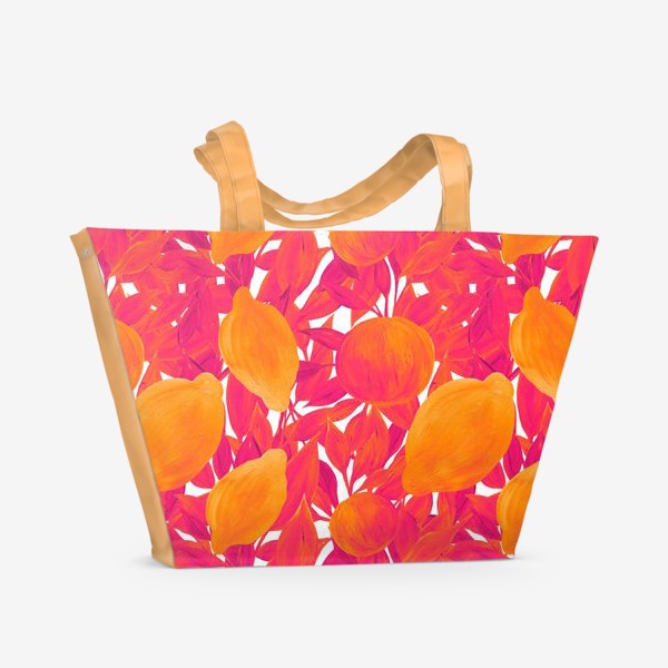 Пляжная сумка «Яркий художественный паттерн гуашью с лимонами и персиками»