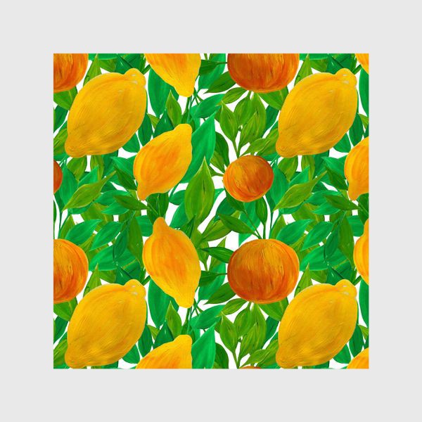 Шторы «Лимоны и персики на зеленой листве нарисованные гуашью»