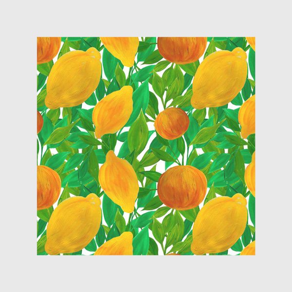 Скатерть «Лимоны и персики на зеленой листве нарисованные гуашью»