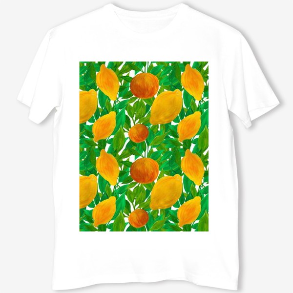Футболка «Лимоны и персики на зеленой листве нарисованные гуашью»