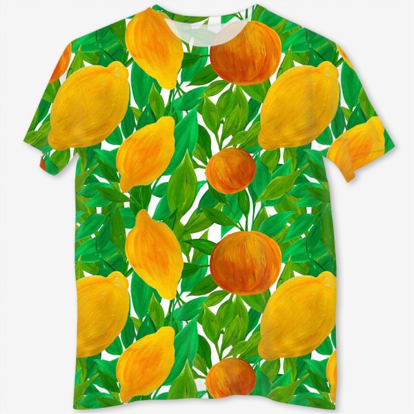 Футболка с полной запечаткой «Лимоны и персики на зеленой листве нарисованные гуашью»