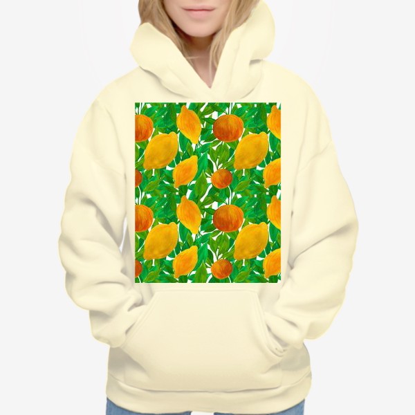 Худи «Лимоны и персики на зеленой листве нарисованные гуашью»