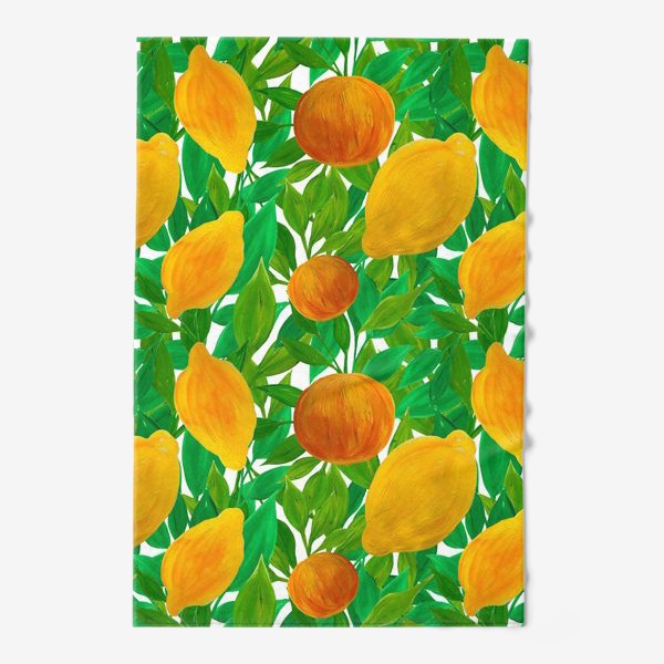 Полотенце «Лимоны и персики на зеленой листве нарисованные гуашью»
