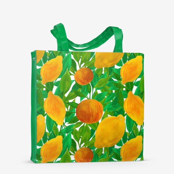 Сумка-шоппер «Лимоны и персики на зеленой листве нарисованные гуашью»