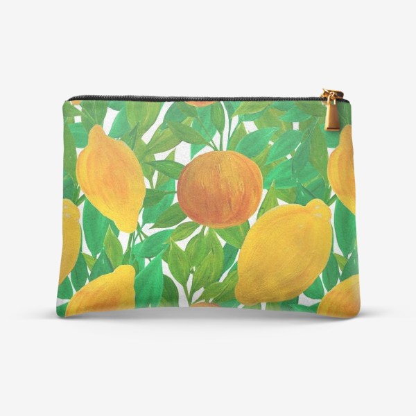 Косметичка «Лимоны и персики на зеленой листве нарисованные гуашью»