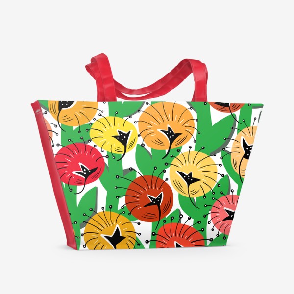 Пляжная сумка «Узор с цветами на фоне листы желтый красные охристые оттенки»