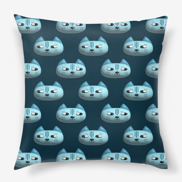 Подушка «Коты 3d. Паттерн в оттенках синего с объемными мордочками кошек»