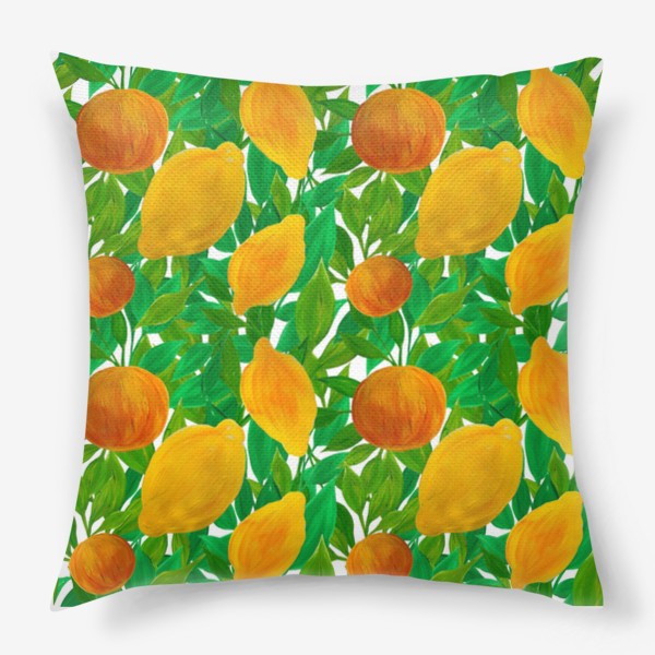 Подушка «Лимоны и персики на зеленой листве нарисованные гуашью»