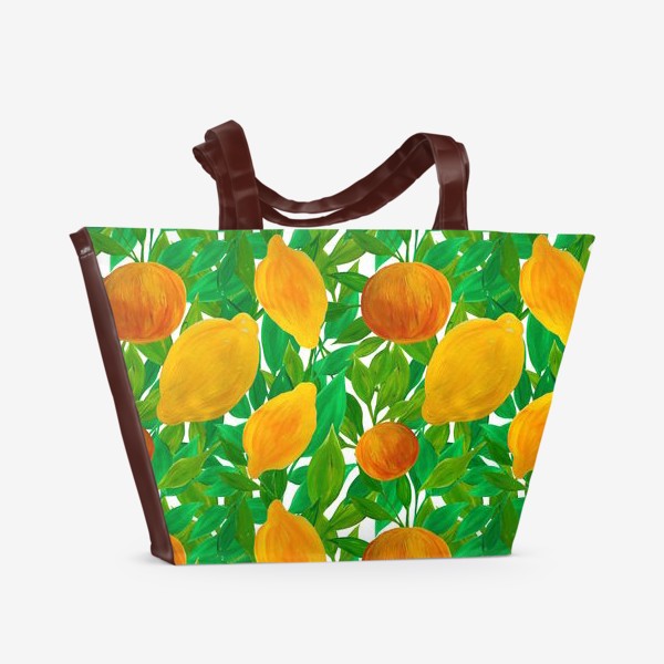 Пляжная сумка &laquo;Лимоны и персики на зеленой листве нарисованные гуашью&raquo;